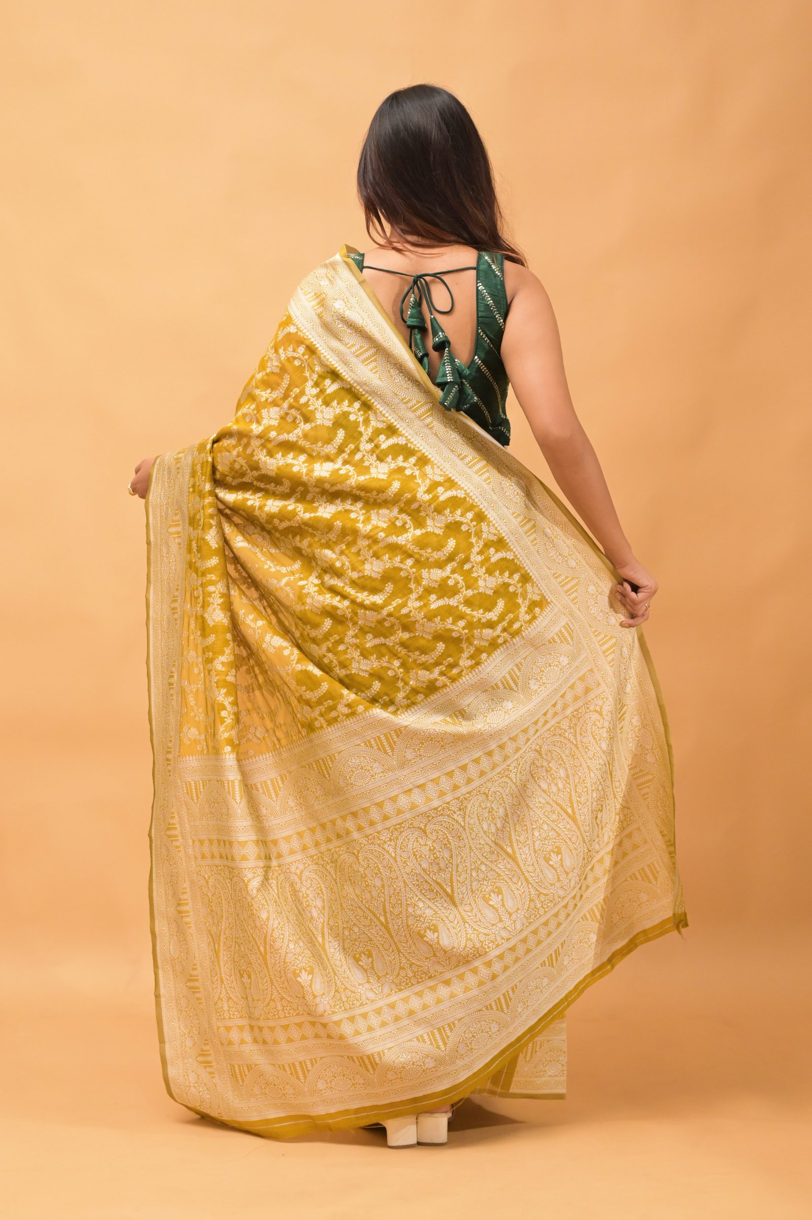 Leaf Jaal Ochre  Pure Cotton Saree With Strip Blouse